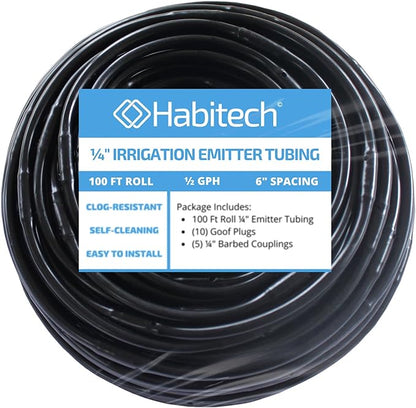 1/4" Irrigation Dripline Tubing (100 Ft Roll) - 6" Emitter Spacing - 1/4" Drip Irrigation Fittings Included