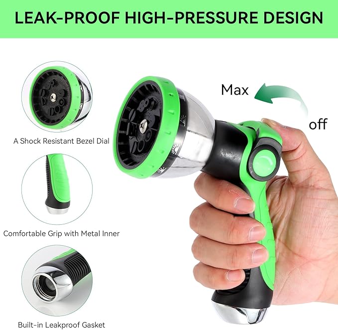 Garden Water Hose Nozzle Metal Heavy Duty Sprayer Thumb Control with 10 Spray Modes Suitable for Watering Plants, Iawn and Garden, Car Washing, Cleaning, Showering Pets and Outdoor Fun, Green