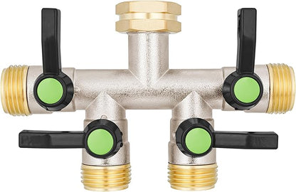 4 Way Hose Splitter, Brass High Flow Garden Hose Splitter Heavy Duty, Hose Connector, Water Spigot Splitter, Full Flow Faucet Splitter with shutoff, 3/4” GHT Inlet