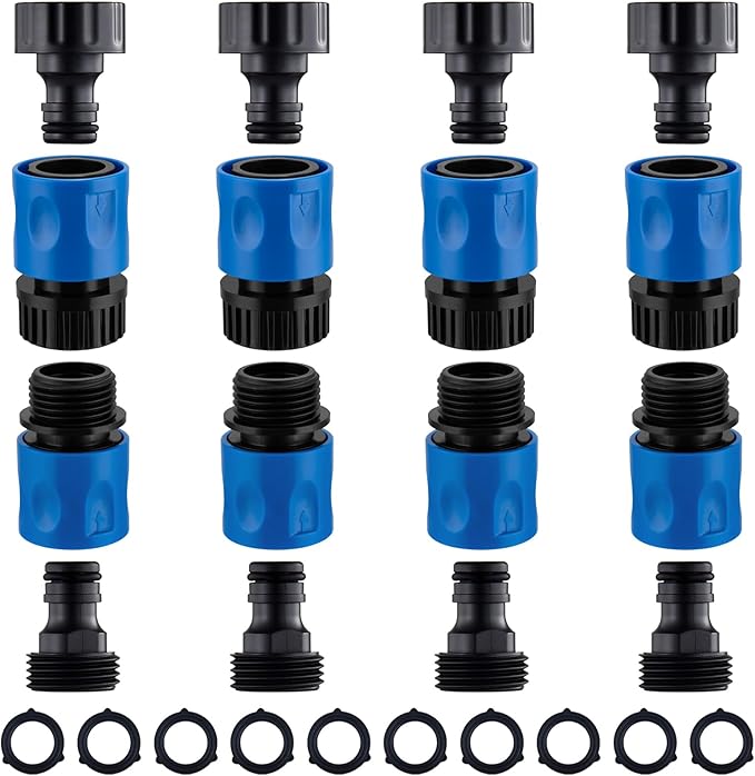 16 Pieces Garden Hose Quick Connect Fittings 3/4 Inch Plastic Water Hose Quick Connect Male and Female Water Hose End Adapters with 10 Pieces Rubber Washer (Blue)