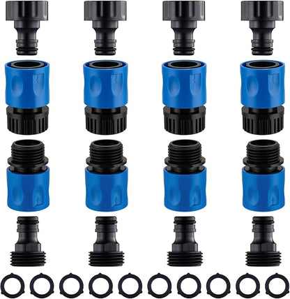 16 Pieces Garden Hose Quick Connect Fittings 3/4 Inch Plastic Water Hose Quick Connect Male and Female Water Hose End Adapters with 10 Pieces Rubber Washer (Blue)