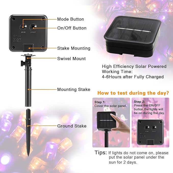 2-Pack Solar String Lights,78Ft Extra-Long 200 LED Waterproof Solar Halloween Lights, 8 Modes for Garden, Patio, Wedding (Purple & Orange)