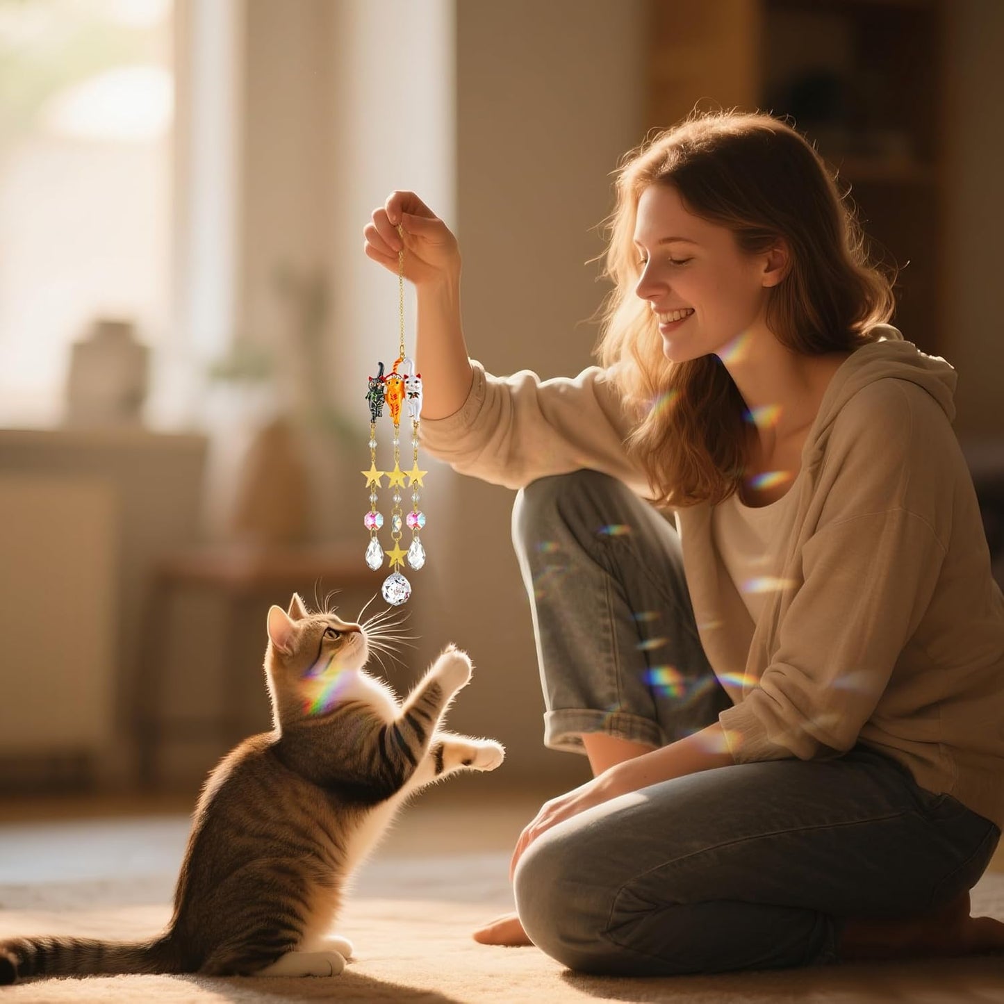 H&D HYALINE & DORA 15.5Inch Cat Suncatcher Crystal Sun Catchers Indoor Window Rainbow Crystal Prisms Ornament Cat Gifts for Women, Pet Lovers