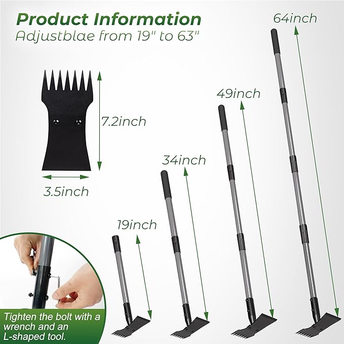 Walensee Weed Puller Tool with Long Handle, 64inch Manual Weeder Remover Tool, 7-Tines Weed Rake and 2-in-1 Hoe Garden Tool for Gardening, Uprooting Weeding Pull for Yard, Lawn, Patio and Garden