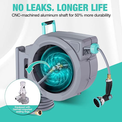 HAUSHOF Retractable Garden Hose Reel 1/2” x 130 ft, Auto-Lock at Any Length, Slow Return System, Wall Mounted and 180° Swivel Bracket for Outside Water