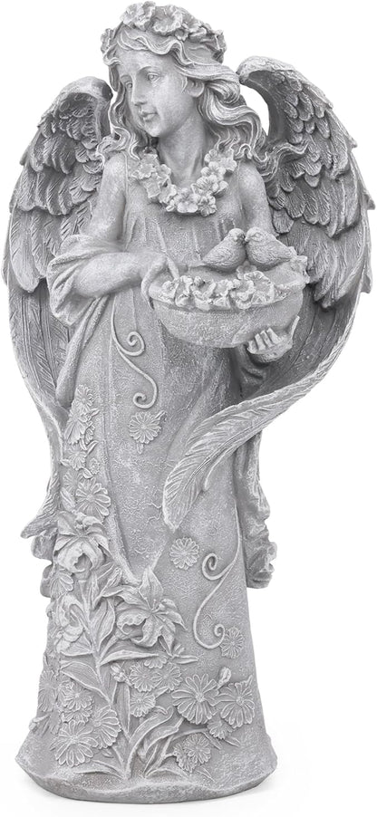 Hanna Roberts Outdoor Statues Angel Décor Garden Statue- 23.5" H Angel Statue,Resin Angel with Bird Figurine, Ideal for Yard, Patio, Deck, Home Entryway, and Hallway（Grey）