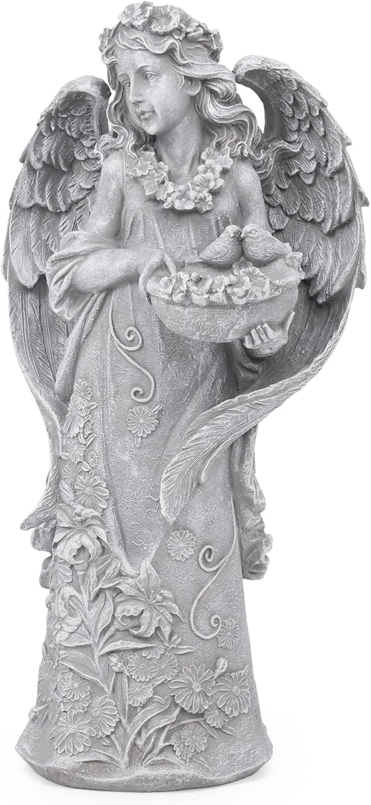 Hanna Roberts Outdoor Statues Angel Décor Garden Statue- 23.5" H Angel Statue,Resin Angel with Bird Figurine, Ideal for Yard, Patio, Deck, Home Entryway, and Hallway（Grey）