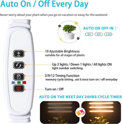 3 Head LED Grow Light Strips for Indoor Plants Full Spectrum 3500K, 144 LEDs Plant Light Bar with 3/9/12H Timer, 10 Dimmable Levels for Seedling Succulent, 13 Inches
