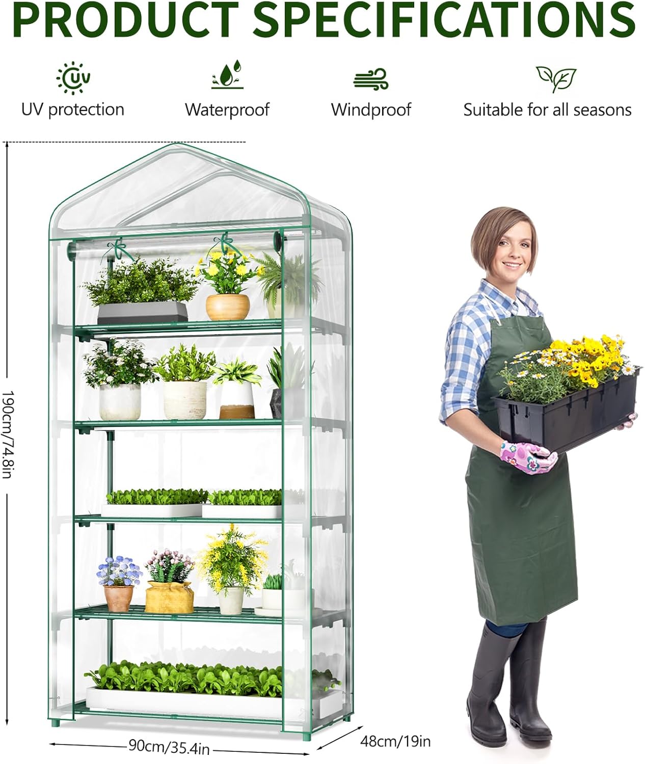 SUNYRISY Indoor Greenhouse with Grow Lights 5 Tier Plant Stand Shelf, Mini Small Greenhouse Kit with Zippered PVC Tent for Indoor Garden Seed Starting Tray, 36W Full Spectrum