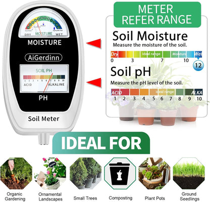 Soil Test Kit, 2-in-1 Soil Moisture Meter, Soil pH Meter -Dual Dial-Simultaneously-Display Results-Soil pH Tester, Moisture Meter for Garden,Lawn,Farm Indoor&Outdoor Plants-PureWhite