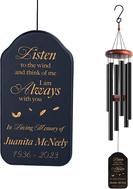 Memorial Wind Chime Personalized with Name & Date, in Loving Memory - Sympathy Gifts - Keepsake Loss of Beloved One - Listen to The Wind and Think of Me Wind Chime - Black