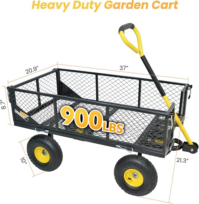 900 lbs Steel Garden Cart, Heavy Duty Yard Utility Wagon with 10" Pneumatic Tires, Removable Mesh Sides and 180° Rotating Anti-Slip Handle