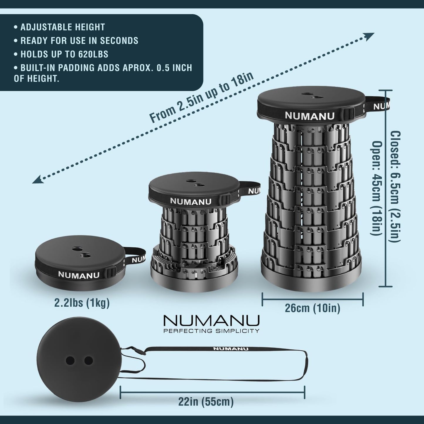 NUMANU 2025 Upgraded Collapsible Stool, 2.5"-18" Max 620lb Portable Folding Stool, Height Adjustable Retractable Telescopic Seat (2Pack Padded + Accessories)