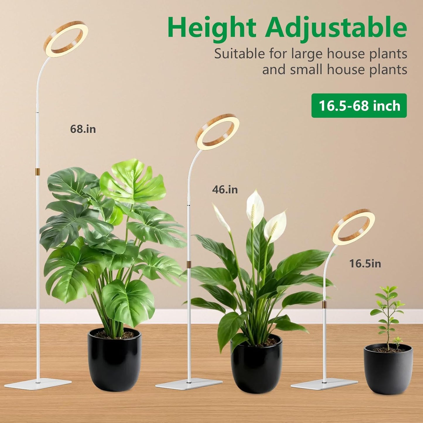 Full Spectrum Grow Light with Stand for Indoor Plants, Floor Plant Light, 6/12/18H Timer, 3 Color Modes, Adjustable Height 16.5–68in, for Large Plants & Home Décor(1 Head,Faux Wood Grain)