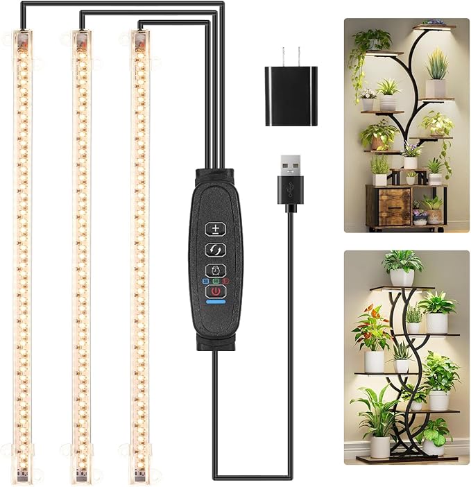 13 Inches LED Grow Light Strips for Plant Shelf, 3500K Full Spectrum Plant Growing Lights for Indoor Plants, 144 LEDs Plant Lamp with 10 Dimmable Levels and 3/9/12H Timer, 3 Head