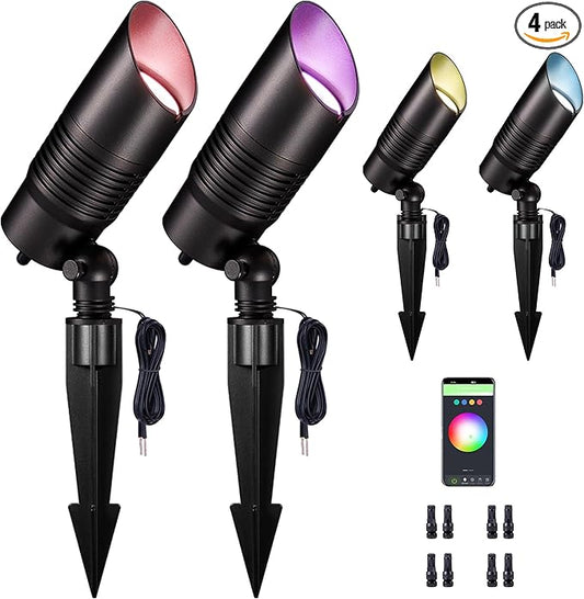 RGBCW Landscape Spotlights Low Voltage - Smart Color-Changing LED 12V Uplights, Spot Lights Outdoor Waterproof, App Control Works with Alexa, Aluminum Black for Outside Trees Wall 4 Pack