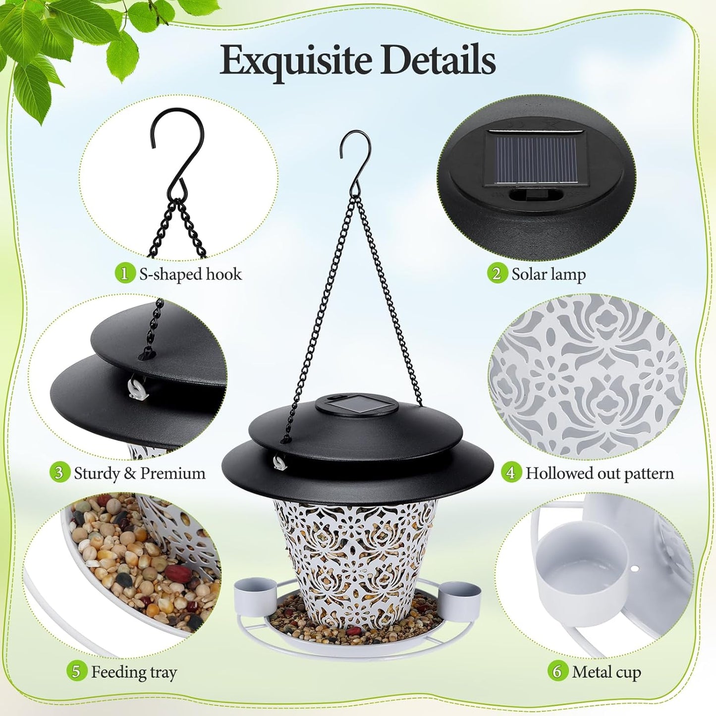 Solar Bird Feeders for Outside Hanging Metal Wild Bird Feeder Solar Lanterns Outdoor Waterproof Garden Decor for Yard White