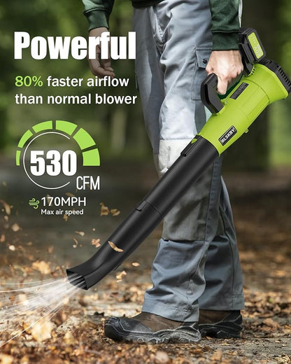 Electric Leaf Blower Cordless 530CFM - 2 X 5.2Ah Batteries and Fast Charger, 20V Lightweight Handheld Battery Leaf Blower with 7-Speed Control, 2 Extended Tubes for Yard, Lawn & Garden