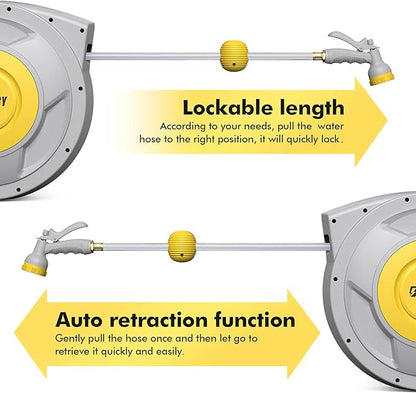 Heavy Duty hose Reel, 5/8"×100 FT Retractable Garden Hose Reel Wall Mount with 8 Pattern Hose Nozzle/Auto Rewind/Any Length Lock/180°Swivel Bracket