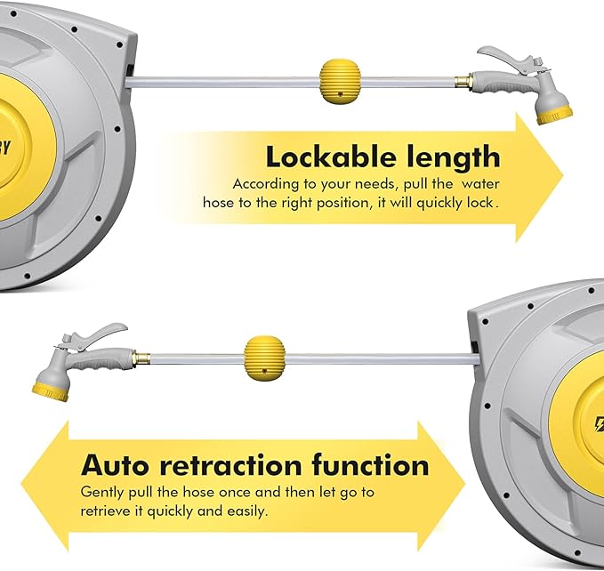 BLUBERY 130+6.7ft x 1/2" Retractable Garden Hose Reel, 40.8LB Super Heavy Duty, Any Length Lock, Slow Return System, Wide Handle, Wall Mounted and 180° Swivel Bracket, GHR02A