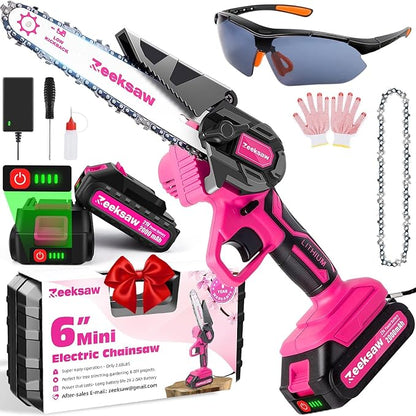 Pink Mini Chainsaw Cordless 6 inch - Electric Hand Held Chain Saw Battery Powered with Power Indicator - Rechargeable Portable Small Chainsaw for Women, Yard Tools Gifts for Gardeners Woman