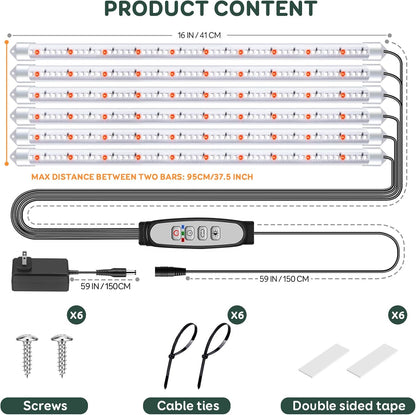 6 Bars Grow Light Strips for Indoor Plants with Auto ON/Off Timer 6/12/18H, 5 Dimmable Levels for Shelves Plant Growing(Pack 2)