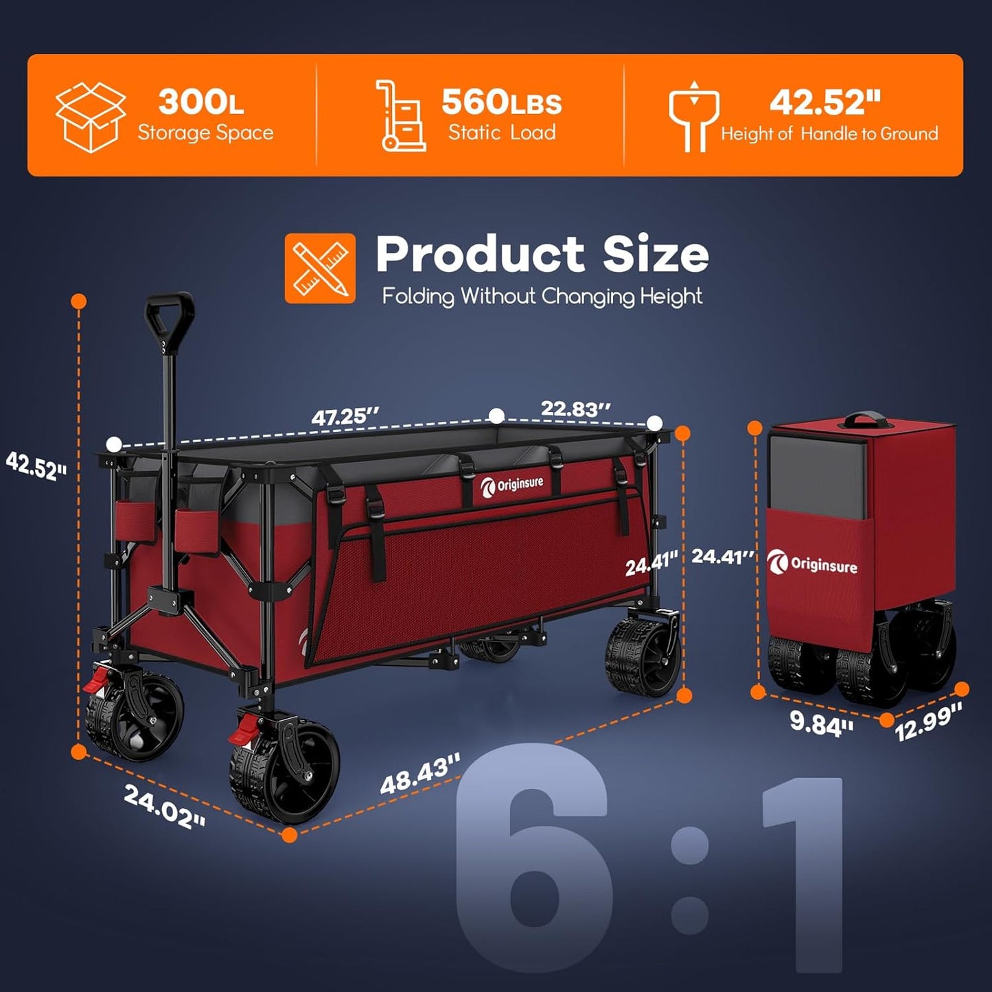 48" L Collapsible Wagon Cart Foldable, 560lbs Weight Capacity 300L Heavy Duty Folding Beach Wagons with Big All-Terrain Wheels, Utility Carts for Groceries, Shopping, Camping, Sports - Grey&Red