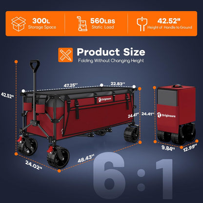 48" L Collapsible Wagon Cart Foldable, 560lbs Weight Capacity 300L Heavy Duty Folding Beach Wagons with Big All-Terrain Wheels, Utility Carts for Groceries, Shopping, Camping, Sports - Grey&Red