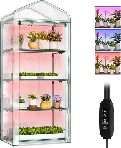 SUNYRISY Indoor Greenhouse with Grow Lights 4 Tier Plant Stand Shelf, Mini Small Greenhouse Kit with Zippered PVC Tent for Indoor Garden Seed Starting Tray, 36W Full Spectrum