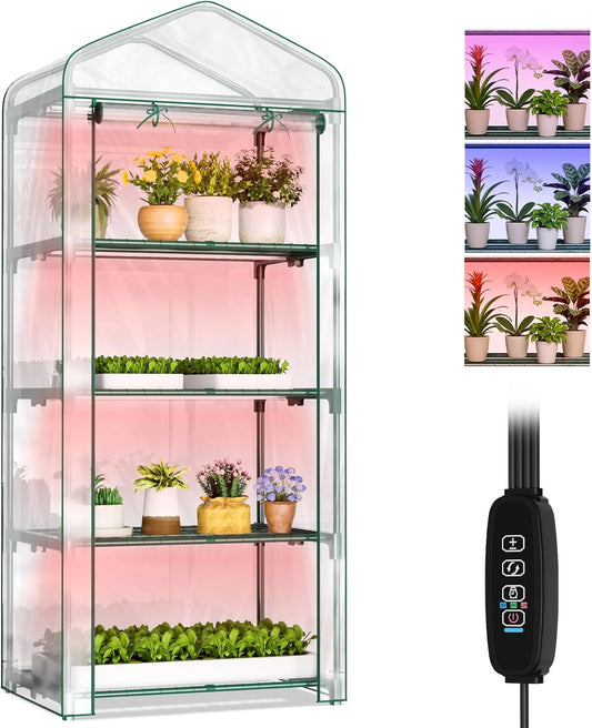 SUNYRISY Indoor Greenhouse with Grow Lights 4 Tier Plant Stand Shelf, Mini Small Greenhouse Kit with Zippered PVC Tent for Indoor Garden Seed Starting Tray, 36W Full Spectrum