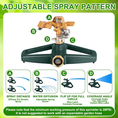 3 Sets Sprinklers for Yard Pulsating Impact Sprinkler with Metal Base Heavy Duty Adjustable Hose for Lawn Large Area Garden(Green)