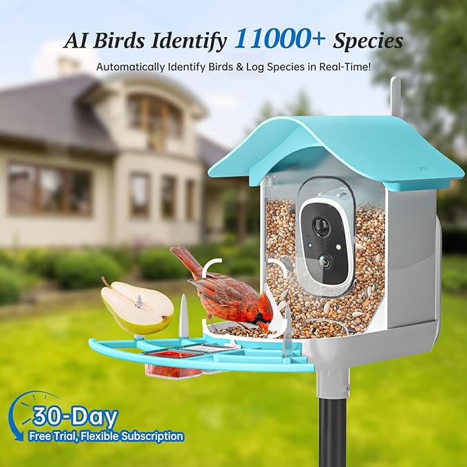 Smart Bird Feeder with Camera, 2K HD AI Identify Birds Species, Bir d Watching Camera with Solar Panel, Auto Capture Bird Videos & Instant Notifications, Ideal Present for Bir d Lover, Blue