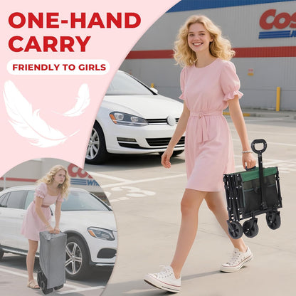 Collapsible Wagon Cart with Wheels Foldable,11 Lbs Lightweight Portable Folding Utility Wagon,90 L Heavy Duty Grocery Shopping Carts,Versatile for Garden Sports Camping Outdoor Use (Army Green)