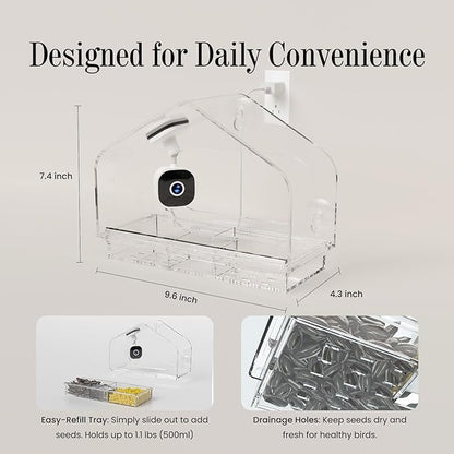 Smart Window Bird Feeder with Camera, 24/7 Powered for 2K HD Live View & AI Species ID, Wild Bird House with 3 Strong Suction Cups, Gift for Bird Watchers (Clear)