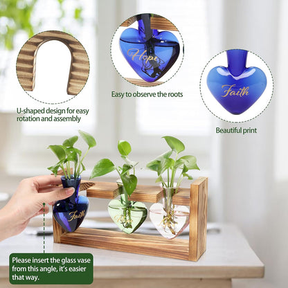 Plant Terrarium Propagation Stations Faith Hope Love Hydroponics Home Garden Decoration Gift for Women with Wooden Stand Heart Shaped Colored Glass Vase