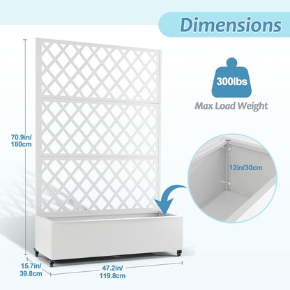 Metal Planter Box with Trellis & Wheels, Raised Garden Bed with Privacy Screen, Outdoor Standing Flower Beds with Drainage Hole for Climbing Plants, Vine, 47.2''L×15.7''W×70.9''H, White