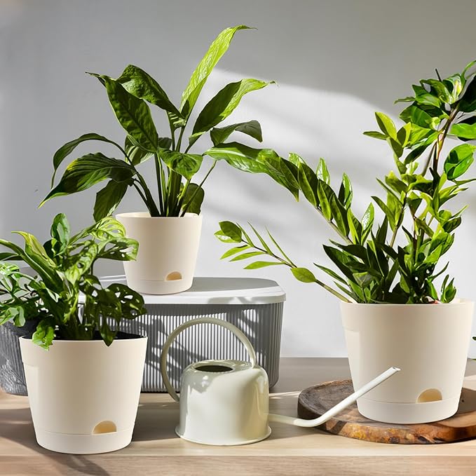 Self Watering Pots for Indoor Plants, 5+6+7 Inch 6 Pack Self Watering Planter with Reservoir for All Housplants Flowers Garden, Plastic Flower Pots for Succulents Planting Pot (Cream White)