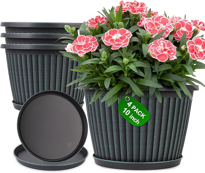 Planter-Pots-for-Plants-Indoor-Outdoor, 4 Pack 10 Inch Plastic Flower Pots with Saucer & Drainage Holes, Modern Garden Planters for Planting Medium Large Plants，Decorative Resin Garden Pots
