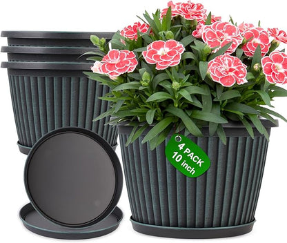 Planter-Pots-for-Plants-Indoor-Outdoor, 4 Pack 10 Inch Plastic Flower Pots with Saucer & Drainage Holes, Modern Garden Planters for Planting Medium Large Plants，Decorative Resin Garden Pots