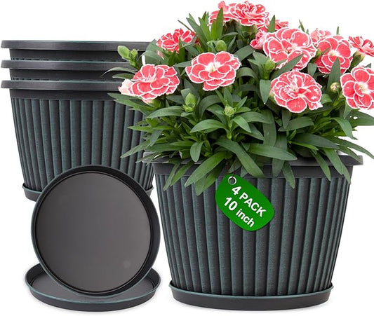 Planter-Pots-for-Plants-Indoor-Outdoor, 4 Pack 10 Inch Plastic Flower Pots with Saucer & Drainage Holes, Modern Garden Planters for Planting Medium Large Plants，Decorative Resin Garden Pots