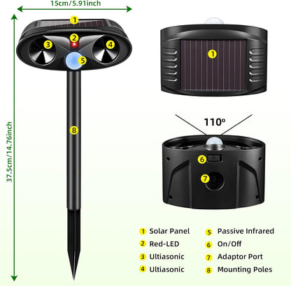 Upgraded Solar Animal Repellent, 2 Pack Ultrasonic Animal Repeller Outdoor USB Charge with Motion Sensor Cat, Deer, Squirrel, Dog,Raccoon,Skunk,Rodent,Rabbit Repellent for Yard Garden Lawn,Black