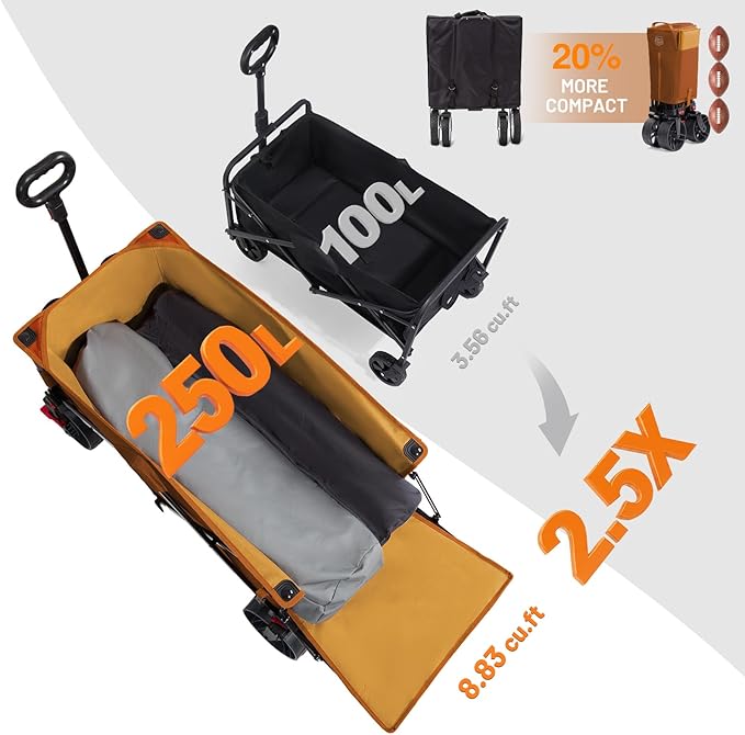 Timber Ridge 47" L Collapsible Wagon with Tailgate & Brake, 300lbs Heavy Duty Beach Wagon with All-Terrain Big Wheels, 250L Foldable Utility Cart for Sand Camping Sports Shopping, Orange