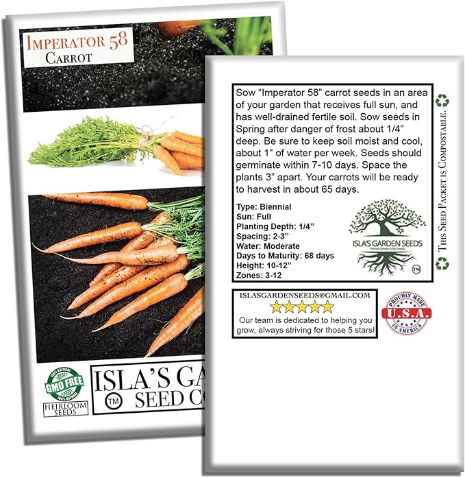 Imperator 58 Carrot Seeds (Daucus carota) – 500+ Non-GMO & Heirloom Seeds, Long and Sweet Carrots for Juicing, Fresh Eating, and Cooking, by Isla’s Garden Seeds, Great Gardening Gift