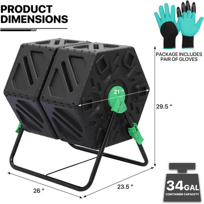 MoNiBloom 34 Gallon Compost Bins Outdoor Dual Chamber Composter Tumbler, All-Season Fast Working Tumbling Composter, High Volume Composter with 2 Sliding Doors