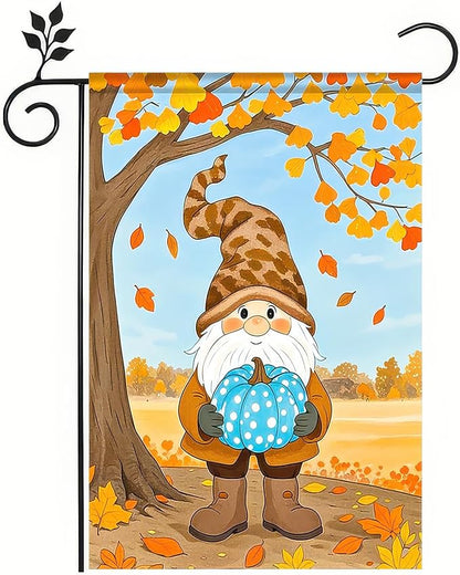 Fall Gnome Garden Flag 12x18 Inch Double Sided Autumn Gnome Holding Blue Pumpkin Yard Flags Harvest Banner for Thanksgiving Porch Lawn Outdoor Decoration