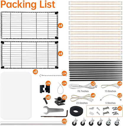 Bstrip Plant Shelf with Grow Light, 4-Tier Large Grow Light Shelf with Wheels, Stainless Steel, 12-Pack 288W T8 Full Spectrum Grow Lights for Seed Starting(57.4" L x 13.8" W x 59" H)