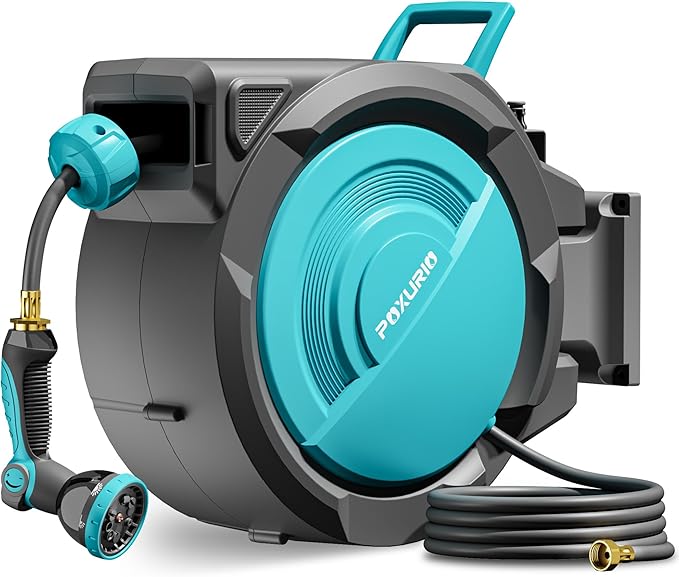 1/2" 150FT Retractable Garden Hose Reel, Wall Mounted Automatic Hose Reel with Upgraded 10 Pattern Nozzle/Any Length Lock/Slow Return System/180°Swivel Bracket, AquaBlue