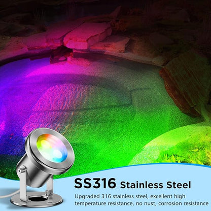 LED Pond Lights, 12W RGB SS316 Stainless Steel Dimmable Underwater Pond Light, 2x6W IP68 Waterproof Submersible Fountain Lights APP Control, 12V Outdoor Waterproof Light Transformer Timer, 26ft Cord