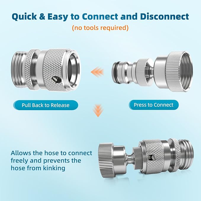 Hibbent Swivel Garden Hose Quick Connector, 360° Rotatable Faucet Hose Quick Connect Fitting, Solid Brass 3/4 Inch GHT Thread, Female and Male Adapter (2 Sets)