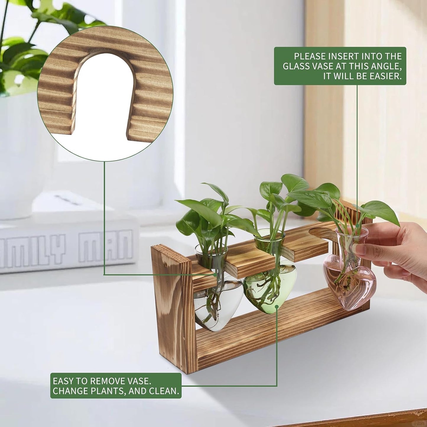 Plant Terrarium Propagation Stations Hydroponics Home Garden Decoration Gift for Women with Wooden Stand Heart Shaped Colored Glass Vase